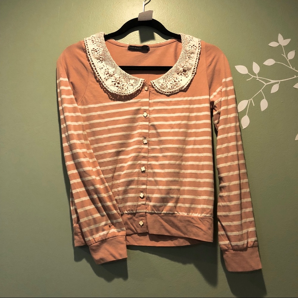 Lace collar striped cardigan
